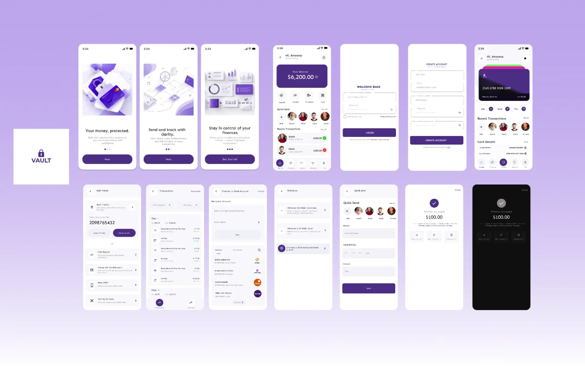 Vault fintech mobile app interface screens