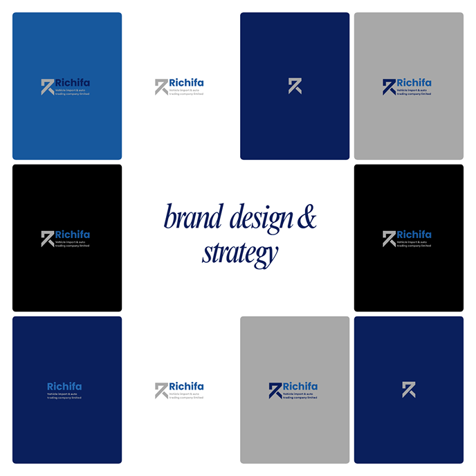 Richifa brand identity grid in navy, ash and blue