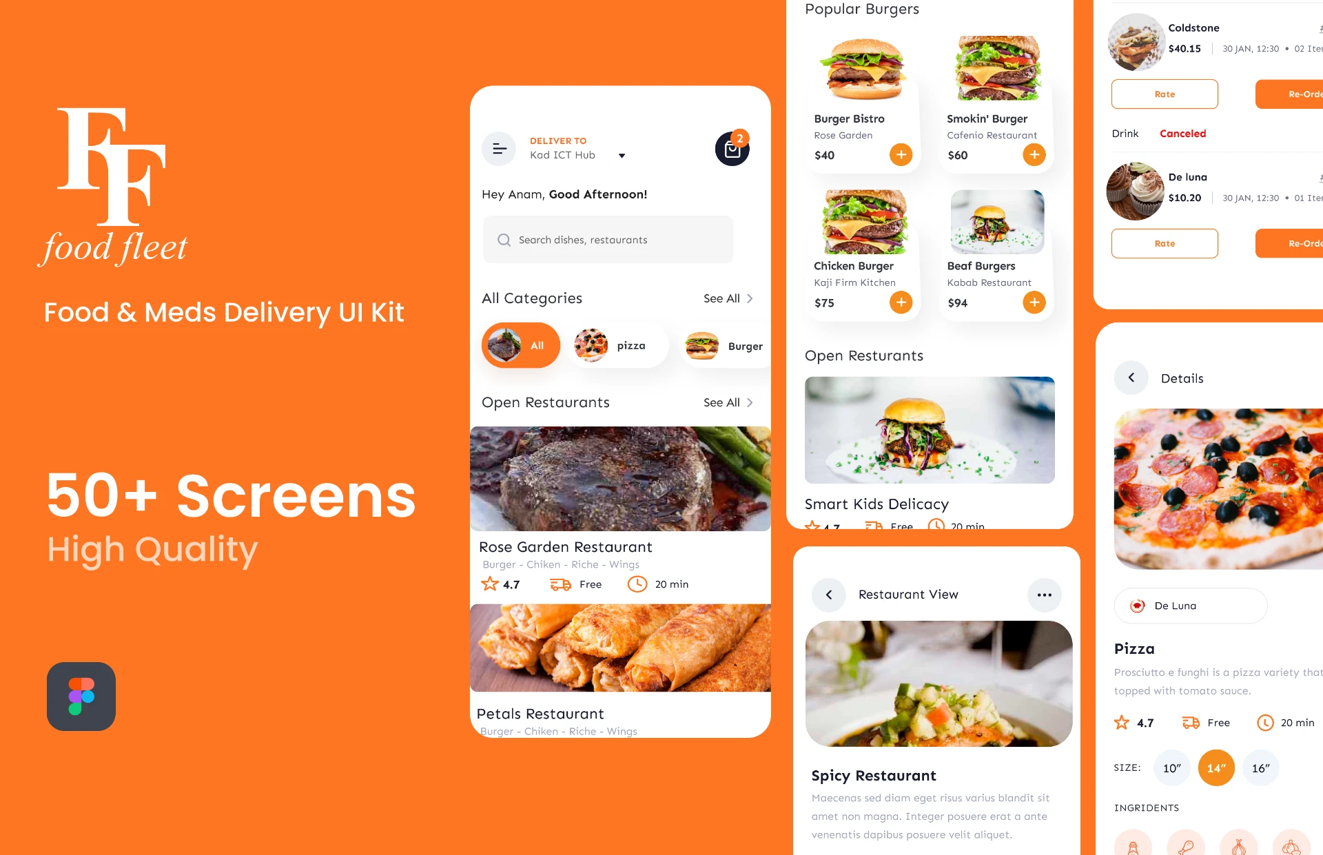 Food delivery product UI kit design screens