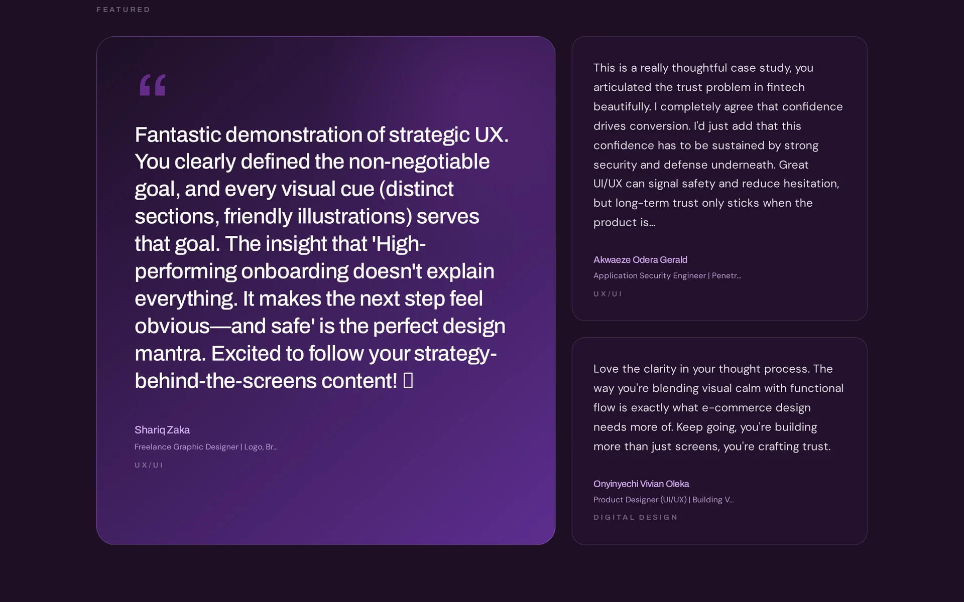 Preview of the Ameenarh Ibraheem testimonials website showing quotes from people she has worked with