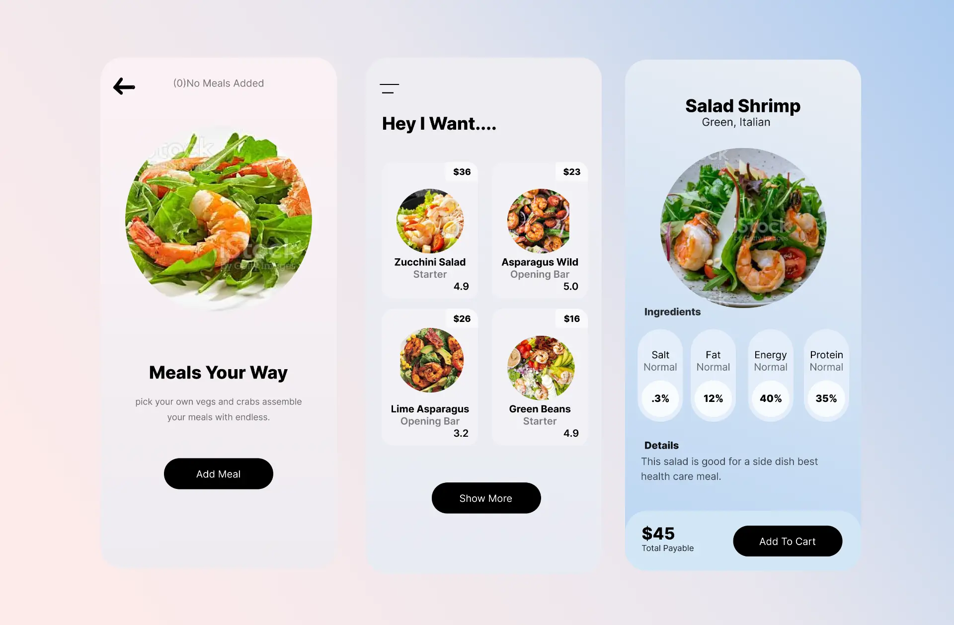 Meals Your Way food ordering mobile app screens